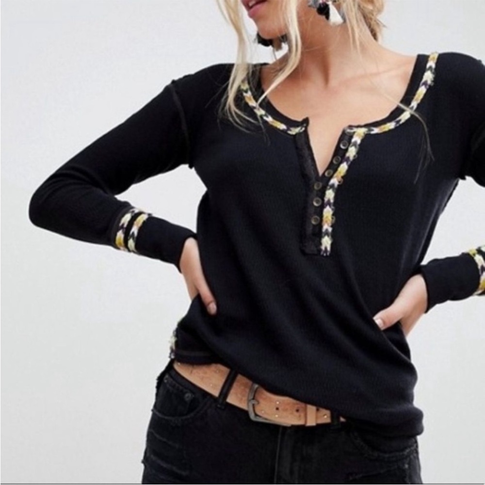 Free People Black Long Sleeve Top with Floral Trim